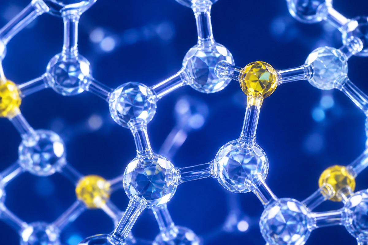 Macro render of a glowing crystalline molecular lattice lit in sodium-amber and violet.