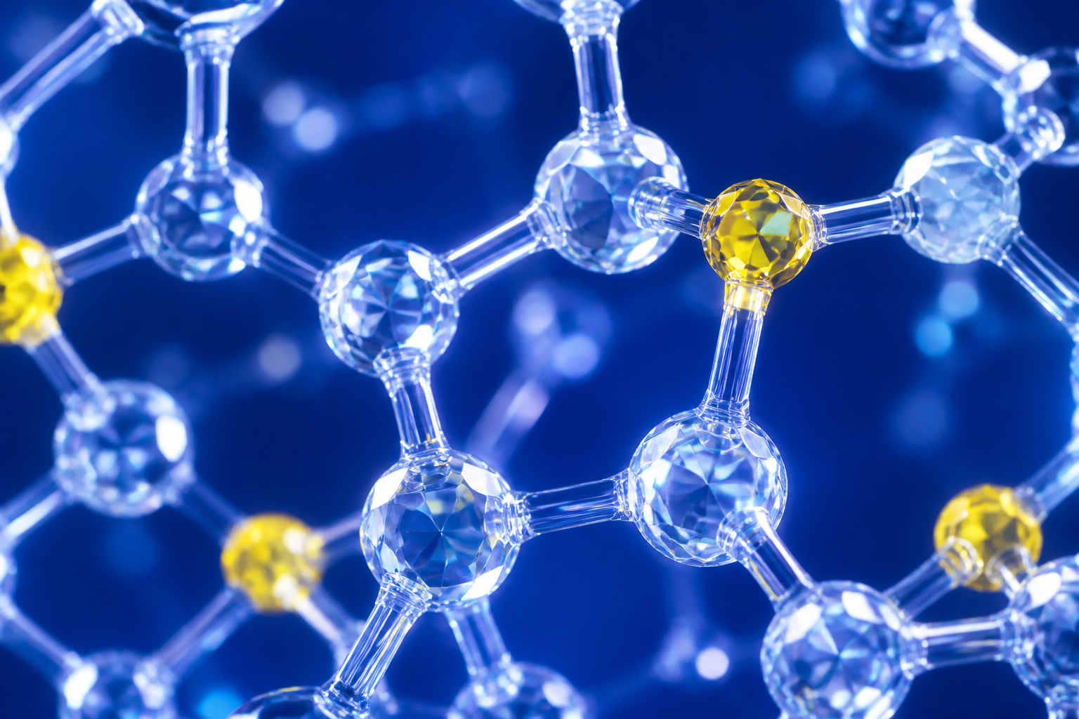 Macro render of a glowing crystalline molecular lattice lit in sodium-amber and violet.